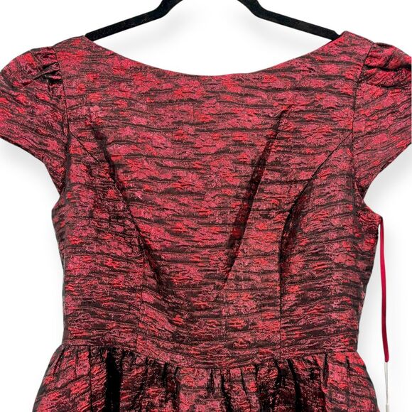 Mac Duggal NEW High Neck Brocade Short Sleeve Bubble Hem Dress Ruby $598 Size 10 - Picture 8 of 14